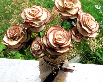 Apple Rose Bouquet-Dried Flower Fall Bouquet-Set of 6 Roses-Red and White Dried Apple Petals 3" Full Blooms