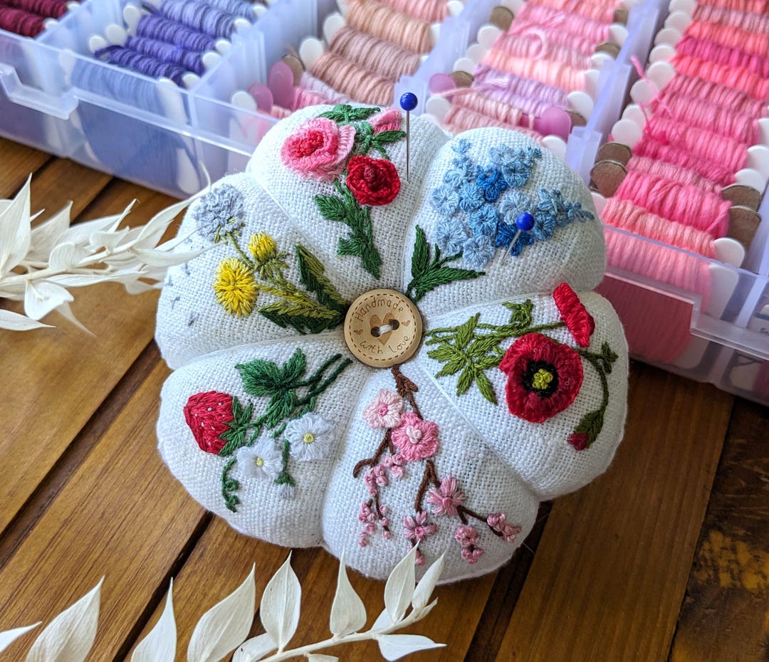 Linen Embroidered Pincushion – Winter Flower Meadow Sewing Gift