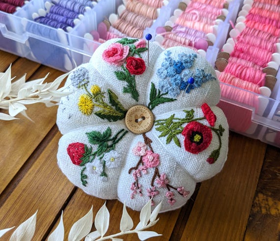 Linen Embroidered Pincushion – Winter Flower Meadow Sewing Gift