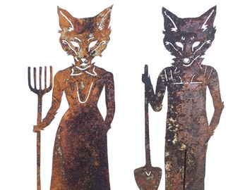 Mr and Mrs Fox Metal Garden Art Sculpture Decor American Gothic- Free Shipping- Home Garden Decor The foxes themselves are 7 inches tall