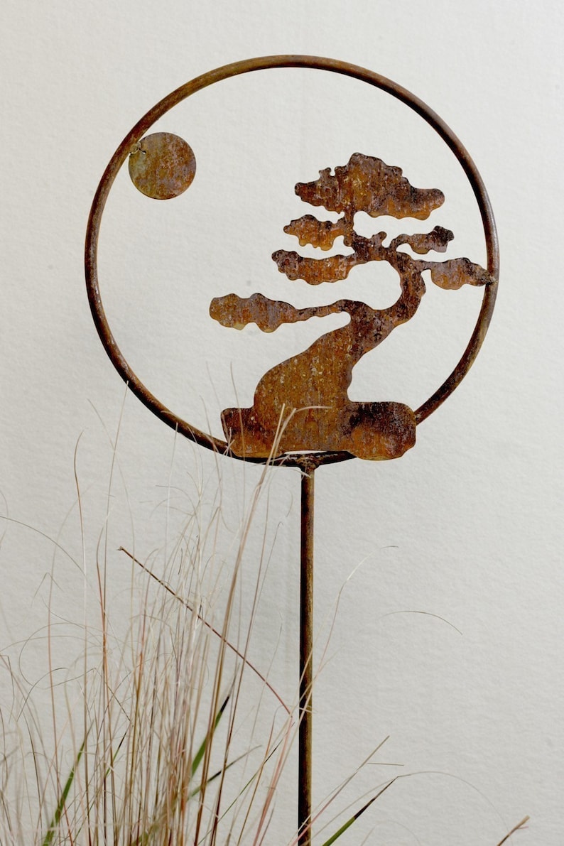 Bonsai Tree Metal Garden Art Stake: Rusted Steel Decor image 2