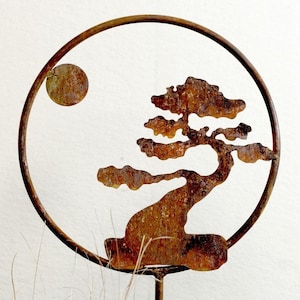 Bonsai Tree Metal Garden Art Stake: Rusted Steel Decor image 1