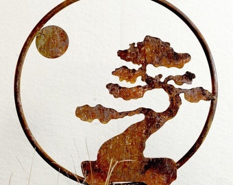 Bonsai Tree Metal Garden Art Stake: Rusted Steel Decor