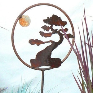 Bonsai Tree Metal Garden Art Stake: Rusted Steel Decor image 3