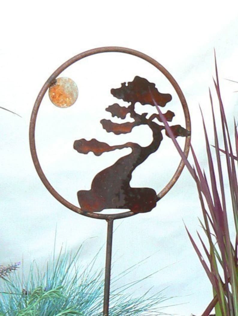 Bonsai Tree Metal Garden Art Stake: Rusted Steel Decor image 3