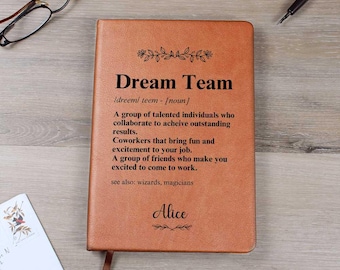 以下が含まれることがあります： 「Dream Team」という言葉が「才能ある個人が協力して素晴らしい結果を生み出すグループ」と定義された、茶色の革製のジャーナル。ジャーナルには、「参考：魔法使い、マジシャン」というテキストと、一番下に「Alice」という名前も記載されています。