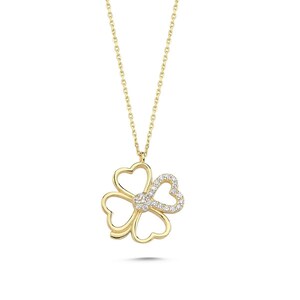 14K Gold Clover and Heart Pendant Necklace - Zircon Gemstones, Elegant and Stylish Design, Symbol of Luck and Love, Perfect Gift for Her