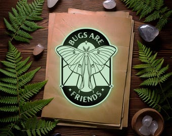 Bugs Are Friends - Luna Moth Nature Vinyl Glossy Glow-in-the-Dark Sticker | Laptop, Water Bottle, Decal