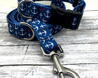Nautical Anchor Dog Collar and leash set, multiple sizes, custom embroidered leash option