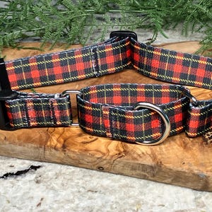Dark red plaid patterned martingale dog collar 1” width Christmas
