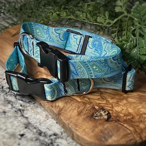 Blue & Green Paisley Dog Collar, 1” width Medium and Large