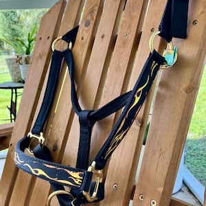 Embroidered Fire Flame Horse Halter: Heavy Duty Nylon, Adjustable, Personalized