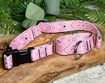 Pink bandana patterned martingale dog collar with buckle 1” width Americana