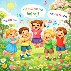 以下が含まれることがあります： 花畑で歌い、拍手喝采する5人の子供たちのカラフルなイラスト。彼らの上の吹き出しには「na na na na」と「hej hej！」という言葉が表示されています。音符と蝶も陽気なシーンに登場します。