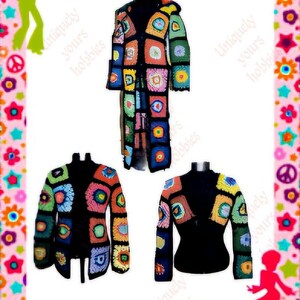 May include: Three crocheted garments in a variety of colours, including black, green, blue, yellow, and pink. The garments are a long coat, a jacket, and a shorter jacket. The garments are made of squares of crochet, and the squares are sewn together to create the garments. The garments are displayed on mannequins.