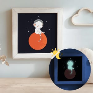 Peut inclure: Une impression encadrée blanche avec un fond noir et un singe de dessin animé blanc portant un casque spatial assis sur une planète rouge. L'impression brille dans le noir et montre un singe bleu sur une planète bleue.