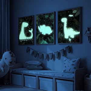 Triceratops Nursery Dinosaur Art Dinos Print Wall Art Neutral Nursery, Glow in the Dark Gift Dinosaurs Birthday Decorations, Dino Kawaii
