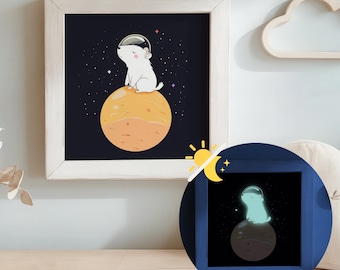 Puede incluir: Un oso polar blanco con un casco espacial se sienta en un planeta amarillo sobre un fondo negro con estrellas blancas. La imagen está enmarcada en blanco y tiene un efecto que brilla en la oscuridad.