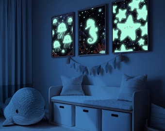 Impresión de caballito de mar que brilla en la oscuridad, decoración de habitación infantil oceánica