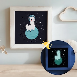 Alpaca Poster Space Nursery Theme, Glow in the Dark Print, Cute Animals Kids Room Wall Art, Baby Shower Gift Alpaca Decor for Bedroom