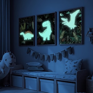 Impression dinosaure phosphorescente : oeuvre d&#39;art jungle T-Rex pour chambre d&#39;enfant