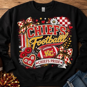 May include: A black long-sleeve sweatshirt featuring a graphic print with the text CHIEFS Football and CHIEFS PRIDE. The design includes a red and white football with KC, red flowers, a heart, two checkered bows, and small stars on a black background.
