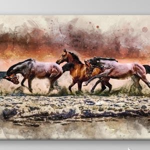Large Wild Horses Canvas Wall Art, Horses Canvas Print, Rustic Art Print, Watercolor Horse Art, Home Decor Art, Rustic Farmhouse Art, Sale