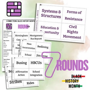 May include: A collection of educational cards for Black History Month. The cards feature categories like "Systems & Structures" and "Civil Rights Movement." Keywords include "Busing," "HBCUs," and "Affirmative Action." The design incorporates purple and black elements.
