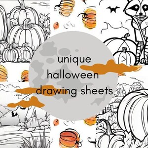 Op de afbeelding: Een set printbare Halloween-tekenbladen met pompoenen, een wasbeer en een berglandschap. De bladen zijn zwart-wit en perfect om in te kleuren.