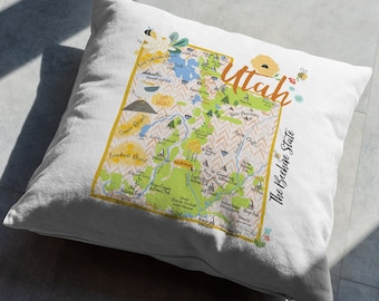 Utah Illustrated Map Design Canvas Pillow Cover