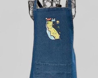 California Illustrated Map Design Recycled PolyCotton Adjustable Apron with Pockets