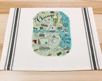 Chicago (Summer Design) Illustrated Map Design Canvas Pillow Cover