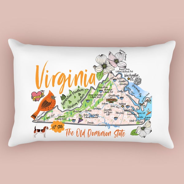 Virginia Illustrated Map Design Canvas Pillow Cover