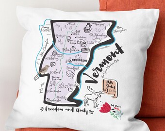Vermont Illustrated Map Design Canvas Pillow Cover