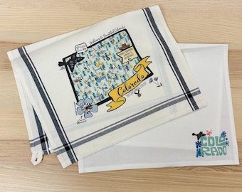 Colorado Illustrated Map Design Kitchen Tea Towel and Calligraphic Design Tea Towel - Set of 2