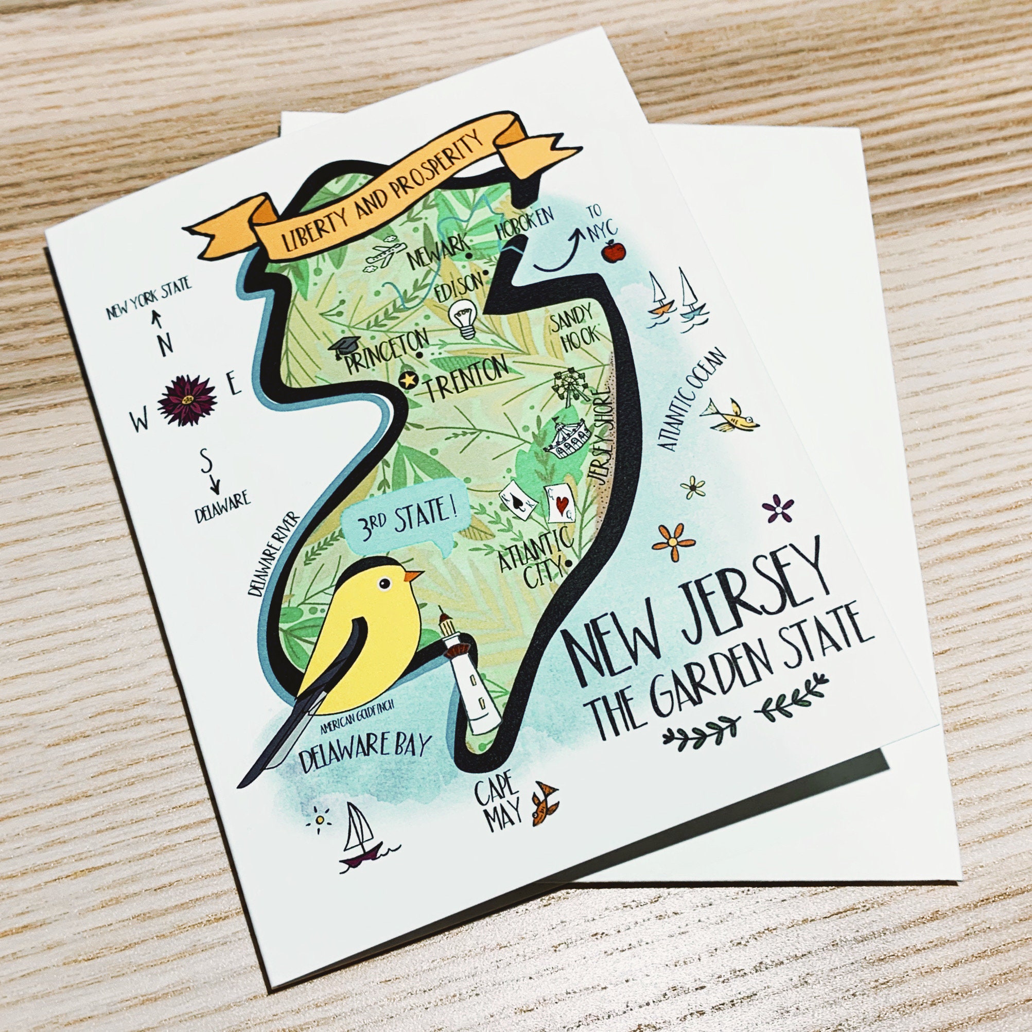 New Jersey State Map Full Color Note Card - Etsy