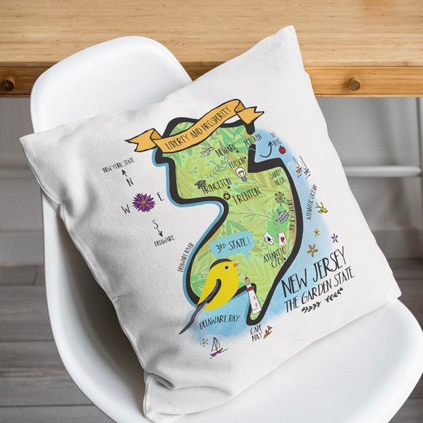 New Jersey Illustrated Map Design Canvas Pillow Cover