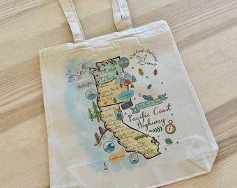 Pacific Coast Highway (Highway 1) Illustrated Map Canvas Tote Bag