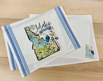 Idaho Illustrated Map Design Kitchen Tea Towel and Calligraphic Design Tea Towel - Set of 2