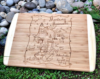 Monterey Peninsula Map Large Bamboo Cutting Board
