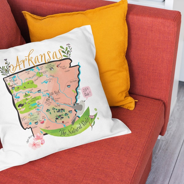 Arkansas Illustrated Map Design Canvas Pillow Cover