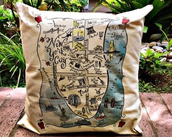 Manhattan Illustrated Map Design Canvas Pillow Cover