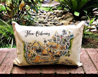 New Orleans Illustrated Map Design Canvas Pillow Cover