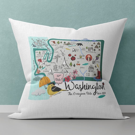 Washington state Illustrated Map Design Canvas Pillow Cover Etsy