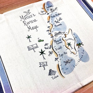 May include: A hand-drawn map of Mexico's Riviera Maya, featuring locations such as Cancun, Playa del Carmen, Tulum, and Cozumel. The map is drawn in black ink on a white background with blue and yellow watercolour accents.