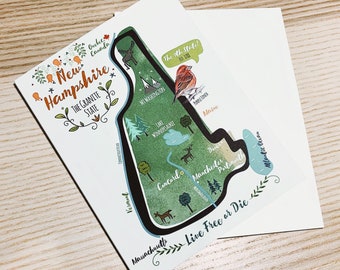 May include: A green and brown illustrated map of New Hampshire, the "Granite State", with the state motto "Live Free or Die". The map includes the names of major cities and landmarks, such as Mount Washington, Lake Winnipesaukee, and Concord.
