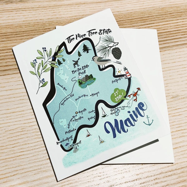 Maine State Map Full Color Note Card