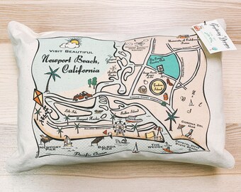 Newport Beach Illustrated Map Design Canvas Pillow Cover