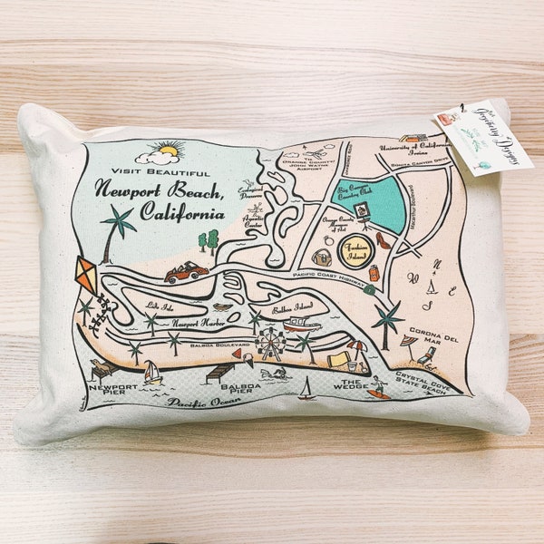 Newport Beach Illustrated Map Design Canvas Pillow Cover