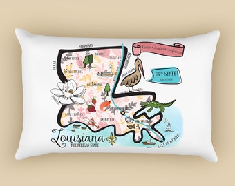 Louisiana Illustrated Map Design Canvas Pillow Cover